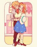  1boy 1girl alternate_costume alternate_hairstyle blonde_hair blue_skirt blush boomer_(ppg) border brown_pants brown_shoes bubbles_(ppg) closed_mouth collared_shirt commentary couple earrings english_commentary freckles full_body hand_in_another's_hair hand_on_own_cheek hand_on_own_face hat heart hetero highres holding holding_unworn_clothes holding_unworn_hat jewelry jjulia_28 loafers long_hair looking_at_another pants parted_bangs parted_lips polka_dot polka_dot_skirt powerpuff_girls red_shoes rowdyruff_boys shirt shoes short_hair skirt smile sneakers socks spoken_heart standing striped_clothes striped_shirt swept_bangs twintails twitter_username unworn_hat unworn_headwear white_hat white_socks yellow_border yellow_shirt 