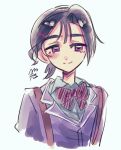  1girl absurdres alien_stage anakt_arts_high_school_uniform black_hair blazer blue_jacket bow bowtie closed_mouth collared_shirt cropped_torso diagonal-striped_bow diagonal-striped_bowtie diagonal-striped_clothes highres jacket kanmuri_(555oo000) ponytail purple_eyes school_uniform shirt short_hair short_ponytail signature simple_background smile solo striped_bow striped_bowtie striped_clothes sua_(alien_stage) thick_eyebrows white_background 