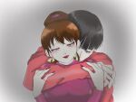  1boy 1girl aged_up black_hair brown_hair commentary_request corone_saburou hands_up hetero highres hug hug_from_behind lipstick long_sleeves makeup matsuno_osomatsu osomatsu-san osomatsu_(series) pink_shirt red_eyes red_nails shirt short_hair simple_background string string_of_fate upper_body yowai_totoko 