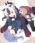  2girls ako_(blue_archive) alternate_costume bare_back bell black_hair black_horns black_skirt black_sleeves black_thighhighs black_wings blue_archive blue_dress blue_eyes blue_hair blue_halo blue_sleeves commentary_request crop_top detached_sleeves dress feet_out_of_frame grey_background grey_halo halo highres horns kayoko_(blue_archive) looking_at_viewer multicolored_hair multiple_girls neck_bell open_mouth ponytail red_eyes red_shorts shorts simple_background single_wing skirt tanutika thigh_strap thighhighs tongue tongue_out two-tone_background two-tone_hair white_background white_hair wings yuri 