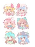  6+girls :3 antennae apron aqua_hair arm_cannon ascot bat_wings bird_wings black_hat black_wings blonde_hair blue_hair blue_skirt blush bow bowtie bubble_skirt butterfly_wings chest_eye chibi chibi_only closed_mouth collared_dress collared_shirt commentary crystal crystal_wings cup dress drinking_glass eternity_larva fairy flandre_scarlet fox_mask fruit_hat_ornament green_bow green_dress green_skirt hair_bow hat hat_ornament hata_no_kokoro highres hinanawi_tenshi holding holding_cup insect_wings leaf leaf_hat_ornament leaf_on_head long_hair looking_at_viewer mask mask_on_head mob_cap multicolored_dress multicolored_wings multiple_girls one_side_up orange_skirt peach_hat_ornament pinafore_dress pink_dress pink_eyes pink_hair pink_hat plaid_clothes plaid_shirt pointy_ears polka_dot polka_dot_skirt puffy_short_sleeves puffy_sleeves red_ascot red_bow red_bowtie red_dress red_eyes reiuji_utsuho remilia_scarlet shirt short_sleeves silverrain simple_background sitting skirt skirt_cutout sleeveless sleeveless_dress smile stuffed_animal stuffed_toy stuffing teddy_bear third_eye touhou very_long_hair waist_apron weapon white_apron white_background white_hat white_shirt wings yellow_ascot yellow_wings 