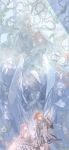  2girls absurdres angel_statue arknights black_gloves branch breasts busiyi_emeng_fanmai_ji closed_eyes closed_mouth commentary cube detached_wings dress energy_wings english_commentary exusiai_(arknights) exusiai_the_new_covenant_(arknights) fingerless_gloves food gloves grey_jacket halo highres holding holding_food holding_ice_cream ice_cream jacket lemuen_(arknights) long_hair long_sleeves medium_hair multiple_girls one_side_up orange_hair pink_eyes pink_hair shirt short_hair sitting smile standing statue sunlight thighhighs traditional_halo veil wheelchair white_shirt white_thighhighs white_veil wings yellow_eyes 