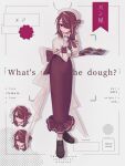  1girl back_bow beret black_eyes bow bowtie breasts brown_shoes buttons call_of_cthulhu character_name commentary_request copyright_name croissant diagonal-striped_bow diagonal-striped_bowtie diagonal-striped_clothes diagonal_bangs double-breasted drop_shadow finger_to_cheek food full_body gloves hair_bun hair_over_one_eye half_updo hat highres hobble_skirt holding holding_tray index_finger_raised jitome large_breasts loafers long_skirt long_sleeves looking_at_viewer medium_hair multicolored_hair multiple_expressions nervous_sweating no_pupils one_eye_covered otona_kirin parted_lips pink_streaks raised_inner_eyebrows red_bow red_bowtie red_hair red_skirt shoes simple_background single_hair_bun single_hair_intake skirt sleeve_cuffs solo standing streaked_hair striped_bow striped_bowtie striped_clothes sweat tray what's_under_the_dough white_background white_bow white_gloves white_hat 
