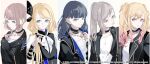  5girls alternate_hair_length_(longer) black_hair blonde_hair brown_hair choker collarbone commentary_request echo_of_a_prayer_(project_sekai) grey_hair hair_ornament hairclip highres hinomori_shiho hoshino_ichika_(project_sekai) jacket jewelry kagamine_rin leo/need_(project_sekai) leo/need_rin mochizuki_honami multiple_girls necklace official_alternate_costume official_alternate_hairstyle official_art project_sekai simple_background tenma_saki upper_body vocaloid yonemuro 