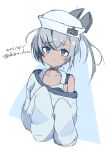  1girl absurdres commentary_request dabu_dora dace_(kancolle) dark-skinned_female dark_skin dated dixie_cup_hat grey_eyes grey_hair hat headgear highres kantai_collection military_hat one-hour_drawing_challenge oversized_clothes oversized_shirt shirt side_ponytail sleeves_past_fingers sleeves_past_wrists solo swimsuit swimsuit_under_clothes twitter_username upper_body white_hat white_shirt 