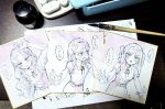  3girls 4ding :d :o art_tools_in_frame blush braid braided_twintails collared_shirt commentary d: dress greyscale highres long_hair looking_at_viewer love_live! love_live!_superstar!! monochrome multiple_girls nervous_smile nib_pen_(medium) nib_pen_(object) nose_blush onitsuka_tomari open_hands open_mouth outstretched_arms pen pen_(medium) photo_(medium) pinafore_dress school_uniform shibuya_kanon shikishi shirt short_sleeves sleeveless sleeveless_dress smile speech_bubble summer_uniform teeth tomakanote_(love_live!) traditional_media translation_request upper_teeth_only v-shaped_eyebrows wavy_hair wien_margarete yuigaoka_school_uniform 