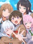  5girls animal_ears bang_dream! bang_dream!_it's_mygo!!!!! black_hair blue_eyes brown_dress brown_hair closed_mouth commentary diagonal-striped_clothes diagonal-striped_necktie dress fang green_necktie grey_eyes hanasakigawa_school_uniform haneoka_school_uniform highres hug kaname_raana long_hair mole mole_under_eye multiple_girls nagasaki_soyo necktie open_mouth purple_eyes red_ribbon ribbon sailor_collar sailor_dress school_uniform shiina_taki short_hair striped_clothes striped_necktie tsukinomori_school_uniform tsuyudashimirin watashi_ga_koibito_ni_nareru_wake_naijan_murimuri! white_hair white_sailor_collar yahata_umiri 