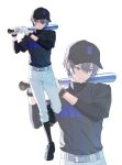 1boy baseball_bat baseball_uniform belt black_hat black_shirt black_shoes black_socks black_undershirt blue_eyes blue_hair commentary different_zoom_layer earrings full_body gloves grey_belt hat highres holding holding_baseball_bat jewelry kneehighs koyanagi_rou long_sleeves looking_at_viewer magatama_(magatama_111) male_focus nijisanji nijisanji_koshien official_alternate_costume official_art pants print_shirt shirt shirt_tucked_in shoes short_hair simple_background smile socks sportswear virtual_youtuber white_background white_gloves white_pants zoom_layer 