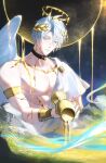  1boy abs black_choker blood blue_eyes choker colored_blood commentary cup english_commentary gold_blood gold_trim grey_hair hair_ornament halo highres holding holding_cup honkai:_star_rail honkai_(series) male_focus moonya muscular muscular_male phainon_(honkai:_star_rail) pouring shirt short_hair solo white_hair white_shirt 