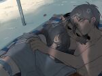  1boy 1girl 2026 5nd_0mc anger_vein beach beach_towel bikini black_hair blue_bikini closed_eyes commentary_request dated eren_yeager green_eyes grey_jacket hair_between_eyes highres jacket male_swimwear mikasa_ackerman orange_male_swimwear parted_bangs rogue_titan sand scar scar_on_cheek scar_on_face shingeki_no_kyojin short_hair swimsuit titan_(shingeki_no_kyojin) topless_male towel 