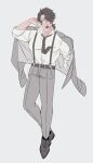  1boy absurdres amputee belt belt_buckle black_belt black_hair black_necktie black_socks breast_pocket buckle call_of_cthulhu commentary_request curtained_hair dress_shoes eyes_visible_through_hair facial_hair flat_color full_body goatee grey_eyes grey_jacket grey_pants grey_shoes hair_over_one_eye hand_up highres jacket jacket_on_shoulders kyuu_rei_yoru_kyuu_ashi looking_at_viewer low_ponytail male_focus medium_hair necktie oxfords pants parted_lips pectorals pocket ponytail sanpaku scar scar_on_neck shimachau_hito shirt shoes simple_background sleeves_rolled_up socks solo standing suit_jacket suit_pants suspenders sweatdrop white_background white_shirt wing_collar 