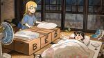  2girls :d absurdres bird black_hair blonde_hair blue_eyes blue_pajamas box cardboard_box character_figure chicken diva_(hyxpk) duck electric_fan elekid english_commentary futon grey_eyes handheld_game_console highres i_spy long_hair lying metapod multiple_girls nintendo_ds on_floor original pajamas perfection_(game) pillow short_hair smile 