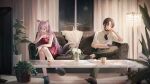  1boy 1girl absurdres alternate_costume animal_ears black_choker black_hair black_pants black_shirt cat_ears cat_girl cat_tail choker collared_shirt commentary_request controller couch crossed_legs cup curtains dress drinking_glass elbow_rest figure_four_sitting flower harukayu_yu highres holding holding_controller holding_phone holding_remote_control holostars indie_virtual_youtuber indoors kanade_izuru lamp long_hair official_art on_couch onatsu_no_nibitashi_(vtuber) pants parted_bangs phone plant potted_plant purple_hair red_dress remote_control shirt short_hair sitting sleeves_rolled_up slippers table tail vase virtual_youtuber white_flower white_shirt 
