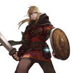  1boy armor belt belt_buckle black_cape black_gloves blonde_hair blue_eyes breastplate brown_belt brown_pants buckle cape chainmail check_clothing clenched_hand clothing_request commentary cowboy_shot fantasy fingerless_gloves gambeson gloves glowing hair_between_eyes highres holding holding_shield holding_sword holding_weapon hood hood_down hooded_cape hylian_set_(zelda) jun_(navigavi) link lips looking_at_viewer male_focus nose pants parted_lips pauldrons pointy_ears ponytail red_tunic shield shoulder_armor sidelocks simple_background single_pauldron solo sword teeth the_legend_of_zelda the_legend_of_zelda:_breath_of_the_wild tunic turtleneck untranslatable_commentary vambraces weapon white_background 