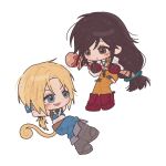  1boy 1girl aniki_547 arms_behind_head blonde_hair blue_eyes blue_pants blue_vest blue_wrist_cuffs bodysuit boots brown_eyes brown_hair cat_tail chibi chibi_only commentary_request crossed_legs final_fantasy final_fantasy_ix floating garnet_til_alexandros_xvii gloves grey_boots hair_ornament hairclip highres holding holding_staff jewelry juliet_sleeves korean_commentary light_blush long_hair long_sleeves looking_at_another low-tied_long_hair low_ponytail necklace orange_bodysuit pants parted_bangs parted_lips ponytail puffy_sleeves red_boots red_gloves shirt smile staff tail thigh_strap vest white_background white_shirt wrist_cuffs zidane_tribal 