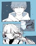  2boys black_shirt blue_background blue_eyes blue_hair blue_theme braid fish hair_between_eyes hand_in_another's_hair headphones headphones_around_neck heart_(organ) highres hk85_i hood hoodie hug hugging_object jar layered_clothes male_focus multicolored_hair multiple_boys partially_colored rin_(strange_eden) shirt single_braid smile strange_eden streaked_hair turtleneck two-tone_hair very_long_braid yurano_michitaka_(strange_eden) 