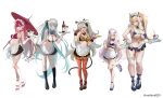  5girls abs absurdres animal_ears baobhan_sith_(fate) bare_shoulders barghest_(fate) biceps bikini black_bikini black_bow blonde_hair blue_bikini blue_eyes blush bow bowtie braid breasts cat_ears cat_tail cleavage collar commentary_request cup detached_collar drinking_glass earrings fake_animal_ears fate/grand_order fate_(series) forked_eyebrows frilled_collar frills full_body glove_cuffs gloves green_eyes grey_eyes grey_hair hair_bow hand_up height_difference high_heels high_ponytail highres holding holding_tray horns jewelry large_breasts light_blush long_hair looking_at_another looking_at_viewer maid_headdress medium_breasts melusine_(fate) midriff miniskirt mishiro_(ixtlolton) morgan_le_fay_(fate) mother_and_child mother_and_daughter multiple_girls muscular muscular_female navel oil-paper_umbrella olga_marie_animusphere olga_marie_animusphere_(unbeast) one_eye_closed open_mouth orange_gloves orange_pantyhose pantyhose parent_and_child paw_pose pink_hair pointy_ears ponytail red_bikini red_bow red_bowtie sharp_teeth side_braid sidelocks skirt small_breasts smile sweatdrop swimsuit tail teeth thick_thighs thighs tray umbrella v very_long_hair white_hair yellow_eyes 