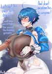  1boy 1girl aestheticc-meme ahoge blue_hair blue_shrug blush bodystocking breasts breasts_squeezed_together english_text gloves hair_between_eyes hetero high-waist_pants highres huge_breasts imminent_paizuri indie_virtual_youtuber large_areolae nipples orange_eyes oumiya_emma pants penis see-through_clothes short_hair shrug_(clothing) sparkle_hair_ornament thighs tight_clothes virtual_youtuber white_gloves white_pants wide_hips 