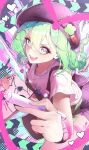  1girl :d abstract_background apron beret binder_clip braid braided_twintails brown_apron commentary crew_neck double-parted_bangs drawing_(action) drawing_(object) drawing_on_fourth_wall drawn_heart eyelashes foreshortening from_above fuso_(pozerfuso) glint green_eyes green_hair hair_between_eyes hair_ornament hat hat_ribbon heart heart_hair_ornament heart_necklace highres holding holding_marker jewelry long_bangs looking_at_viewer looking_up marker multicolored_eyes necklace open_mouth pink_hat pink_shirt purple_eyes purple_pupils ribbon shirt short_sleeves smile solo stellive t-shirt twintails two-tone_eyes v-shaped_eyebrows virtual_youtuber yuzuha_riko 