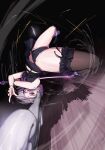  1girl absurdres arched_back arm_across_neck attacking_viewer backflip black_panties black_thighhighs boots commentary detached_wings dynamic_pose english_commentary foreshortening garter_straps glint grey_hair highres holding holding_over_opposite_shoulder holding_sword holding_weapon hololive hololive_english koseki_bijou koseki_bijou_(casual) looking_at_viewer miniskirt motion_blur motion_lines mr_thecatman paid_reward_available panties pantyshot single_thighhigh skirt solo sparks speed_lines sword thighhighs thighs torn_clothes underwear virtual_youtuber weapon wings 