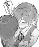  2girls 4ding blush braid braided_twintails collared_shirt commentary dress greyscale hand_on_another's_shoulder highres long_hair love_live! love_live!_superstar!! medium_hair monochrome multiple_girls neck_ribbon nose_blush onitsuka_tomari pinafore_dress ribbon school_uniform shibuya_kanon shirt short_sleeves simple_background sleeveless sleeveless_dress speech_bubble summer_uniform translation_request white_background yuigaoka_school_uniform yuri 