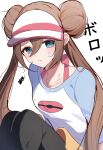  1girl black_pantyhose blue_eyes blush breasts brown_hair bruise closed_mouth collarbone commentary_request donut_hair_bun double_bun frown hair_bun hat highres injury long_hair looking_at_viewer nii_(marimo_416) pantyhose pantyhose_under_shorts poke_ball_print pokemon pokemon_black_2_and_white_2 raglan_sleeves rosa_(pokemon) shirt shorts solo twintails visor_cap yellow_shorts 