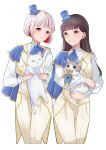  2girls :d animal animification ascot blue_ascot blue_cape blue_hat blunt_bangs blush brown_hair buttons cape cat center-flap_bangs closed_mouth colored_inner_hair commentary_request double-breasted flower_stand_art grin hana_sakeba_yume_kakeru hat highres holding holding_animal holding_cat jacket love_live! love_live!_hasu_no_sora_jogakuin_school_idol_club love_live!_hasu_no_sora_jogakuin_school_idol_club_bloom_garden_party mouth_hold multicolored_hair multiple_girls pants real_life red_hair red_streaks roku_aya_fuyu sasaki_kotoko shirt short_hair side_cape sleeveless sleeveless_jacket smile sparkle_hair_ornament streaked_hair voice_actor voice_actor_connection white_cat white_jacket white_pants white_shirt yugiri_tsuzuri 