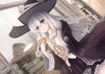  1girl black_hat black_robe black_skirt blue_eyes braid bread breasts closed_mouth collarbone collared_shirt commentary_request elaina_(majo_no_tabitabi) food grey_hair hair_between_eyes hat highres holding holding_bread holding_food long_hair looking_at_viewer majo_no_tabitabi niboshin_(usagi_drive) outdoors pleated_skirt robe shirt skirt sleeveless sleeveless_shirt small_breasts solo white_shirt witch_hat 