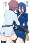 2girls after_kiss black_thighhighs blue_dress blue_hair blush breasts brown_gloves brown_hair cassandra_ilion collared_dress commentary_request contrast_collar daphne_lauros dress dungeon_ni_deai_wo_motomeru_no_wa_machigatteiru_darou_ka gloves green_eyes hair_between_eyes hands_on_another's_arms highres huge_breasts leg_between_thighs long_hair long_sleeves looking_at_another minato_(leap-up) multiple_girls necktie open_mouth panties purple_panties saliva saliva_trail short_dress short_hair smile standing straight_hair thighhighs tongue tongue_out underwear white_background white_dress yellow_gloves yellow_necktie yuri 