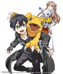  1boy 1girl absurdres agumon armor artist_name asuna_(sao) bandai_namco bare_shoulders black_eyes black_hair blue_eyes brown_eyes brown_hair bunbun commentary company_name copyright_notice crossover detached_sleeves digimon digimon_(creature) digimon_story:_time_stranger english_commentary fingerless_gloves gloves green_eyes hair_between_eyes hair_ornament highres holding holding_digimon kirito knights_of_blood_uniform_(sao) long_hair long_sidelocks looking_at_viewer official_art open_mouth second-party_source short_hair sidelocks simple_background smile sword_art_online tailmon very_long_sidelocks white_background 