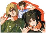  1girl 2boys \m/ adjusting_eyewear armin_arlert black_eyes black_hair black_nails black_shirt blonde_hair blue_eyes brown_hair clenched_teeth closed_mouth collared_shirt commentary eren_yeager eyewear_on_head fingernails glasses green_eyes green_shirt highres horns_pose i2d0012 jewelry long_fingernails looking_at_viewer mikasa_ackerman multiple_boys multiple_rings nail_polish necklace official_alternate_costume official_alternate_hairstyle opaque_glasses parted_lips partially_opaque_glasses red-framed_eyewear red_lips ring shingeki_no_kyojin shingeki_no_school_castes shirt short_hair short_twintails skull_ring sunglasses sweatdrop teeth twintails untranslatable_commentary upper_body white_background white_shirt 