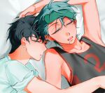  2boys alien_stage black_hair black_tank_top cuddling drooling grey_hair highres ivan_(alien_stage) lying male_focus mask mask_on_head multiple_boys ninjinsuni official_alternate_costume on_back on_side shirt short_hair sleep_mask sleeping tank_top till_(alien_stage) very_short_hair white_shirt yaoi 