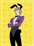  1boy absurdres animal_ears black_leotard bow bowtie brown_hair buck_teeth commentary_request crossed_arms facial_hair fake_animal_ears grey_leotard highres iyami leotard looking_at_viewer male_focus midopisandayo multicolored_leotard mustache osomatsu-san osomatsu_(series) purple_leotard rabbit_tail tail teeth traditional_bowtie white_wrist_cuffs wrist_cuffs yellow_background 
