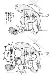  1girl :d animal atsuko_(blue_archive) atsuko_(swimsuit)_(blue_archive) banging bikini bikini_under_clothes blue_archive chibi commentary_request frilled_bikini frills greyscale hair_between_eyes halo hat hermit_crab jacket long_hair long_sleeves miranofuudoria monochrome open_clothes open_jacket simple_background smile sun_hat swimsuit translation_request white_background 