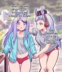  2girls animal_ears blue_jacket buruma commentary english_commentary english_text gold_ship_(umamusume) grey_shirt highres horse_ears horse_girl jacket mejiro_mcqueen_(umamusume) meme midriff multiple_girls plump purple_eyes purple_hair red_buruma shirt sure_grandma_let's_get_you_to_bed_(meme) umamusume weight_conscious whjtedragonfly 