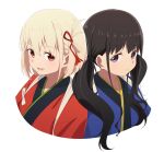  2girls :d anime_coloring black_hair blonde_hair blue_kimono blush cafe_lycoreco_uniform closed_mouth commentary_request cropped_torso hair_ribbon highres inoue_takina japanese_clothes kimono long_hair looking_at_viewer low_twintails lower_teeth_only lycoris_recoil multiple_girls musihara nishikigi_chisato open_mouth purple_eyes red_eyes red_kimono ribbon short_hair simple_background smile tasuki teeth twintails white_background 