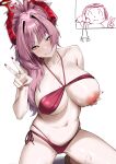  1boy 1girl absurdres bikini blue_archive breasts cliov commentary_request demon_girl demon_horns doodle_sensei_(blue_archive) hair_intakes halo highres holding holding_pendulum horns hypnosis large_breasts long_hair mind_control multicolored_horns navel nipples official_alternate_costume one_breast_out orange_eyes pendulum pink_hair red_bikini red_halo satsuki_(blue_archive) satsuki_(swimsuit)_(blue_archive) sensei_(blue_archive) smile stomach swimsuit two-tone_horns v very_long_hair 