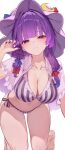  1girl absurdres alternate_costume barefoot bikini blue_bow blush bow breasts cleavage closed_mouth collarbone commentary crescent crescent_hat_ornament hair_bow hat hat_ornament highres large_breasts looking_at_viewer multiple_hair_bows open_clothes open_shirt patchouli_knowledge pink_hat pink_shirt purple_bikini purple_eyes purple_hair r_utchi red_bow shirt side-tie_bikini_bottom smile solo striped_bikini striped_clothes swimsuit thighs toes touhou vertical-striped_bikini vertical-striped_clothes 