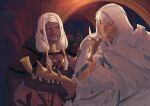  1girl 2boys beard black_hair bonaventure_(fire_emblem) closed_eyes closed_mouth commentary crossed_arms cup dark-skinned_female dark_skin english_commentary eyepatch facial_hair fire_emblem fire_emblem:_fortune's_weave gloves grin highres holding holding_cup hood hood_up indoors llucitrie long_hair male_eshmel_(fire_emblem) multiple_boys open_mouth short_hair smile theodora_(fire_emblem) white_gloves white_hair 