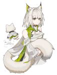  1girl alternate_tail_length animal_ears arknights bare_shoulders breasts cat_ears cat_girl cat_tail chibi chibi_inset choshanland_plushy_(arknights) clothes_writing detached_sleeves dress expressionless green_eyes grey_hair highres holding_own_tail kal'tsit_(arknights) kal'tsit_esperanta_(arknights) long_hair long_tail medium_breasts simple_background sleeveless sleeveless_dress solo tail upper_body very_long_hair white_background white_dress yomo_mochi3190 
