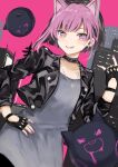  1girl \n/ animal_ears asakura_neko black_choker black_gloves black_jacket blush brown_hair building cat_ears choker city colored_bangs commentary_request cytus cytus_ii dress earrings fake_animal_ears fingerless_gloves gloves grey_dress hand_on_own_hip highres hoop_earrings jacket jewelry kuragegeso leather leather_jacket meowbot necklace open_clothes open_jacket pink_background pink_eyes pink_hair pink_nails short_hair smile solo 