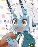  1girl blue_skin blush brown_eyes choker collared_shirt colored_skin commentary_request ear_piercing earrings eating food food_request highres holding holding_food horns imminent_bite jacket jewelry long_sleeves looking_down macaron necktie oni open_mouth outline piercing pointy_ears portrait shirt short_hair simesaba_(xwdt4337) smile solo soukaku_(zenless_zone_zero) translation_request white_hair white_outline zenless_zone_zero 