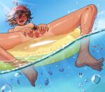  1girl absurdres afloat blue_sky breasts breasts_out brown_hair clear_sky clitoris closed_eyes commentary dark-skinned_female dark_skin eater english_commentary female_pubic_hair fish hair_between_eyes hair_ornament hairclip highres innertube kyoko_(madaotheory) madaotheory nipples nude ocean on_innertube open_mouth original outdoors partially_underwater_shot pubic_hair public_indecency public_nudity pussy short_hair sky small_breasts solo spread_pussy spreading_own_pussy swim_ring tan tanlines thighs toes tomboy uncensored urethra visor_cap wet 