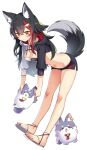  >_< 1girl animal_ear_fluff animal_ears bell black_hair black_shorts breasts brown_eyes closed_mouth commentary_request full_body hair_between_eyes hair_ornament holding hololive ishida_aya looking_down medium_breasts miofa_(ookami_mio) official_alternate_costume ookami_mio ookami_mio_(hoodie) red_hair shorts simple_background smile solo tail virtual_youtuber white_background wolf_ears wolf_girl wolf_tail 
