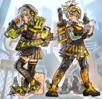  absurdres anby_demara black_thighhighs braid braided_sidelocks burger camouflage camouflage_pants commentary_request dress fingerless_gloves food gloves goggles green_jacket green_sleeves grey_hair grey_sleeves headphones highres holding holding_burger holding_food instant_cup_noodles instant_noodles jacket latex latex_pants mask orange-tinted_eyewear orange_eyes orange_pupils pants ponytail reomenka sidelocks single_braided_sidelock sleeveless sleeveless_jacket soldier_11_(zenless_zone_zero) thighhighs tinted_eyewear yellow-tinted_eyewear zenless_zone_zero zipper_dress 