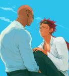  2boys bald black_pants blue_eyes blue_sky closed_mouth collared_shirt commentary earrings english_commentary facial_hair facial_mark final_fantasy final_fantasy_vii goatee goggles goggles_on_head hair_tie highres jewelry lanimalu long_hair looking_at_another low_ponytail male_focus multiple_boys multiple_earrings pants parted_lips ponytail red_hair reno_(ff7) rude_(ff7) shirt sky smile spiked_hair sunglasses white_shirt yaoi 