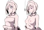  1girl batta_16-sei blue_eyes breasts closed_mouth coin coin_on_string collarbone commentary_request eyelashes hairband half-closed_eyes highres holed_coin hypnosis irida_(pokemon) jewelry limited_palette medium_breasts medium_hair mind_control multiple_views necklace nipples open_mouth partially_undressed pink_eyes pokemon pokemon_legends:_arceus spot_color strapless topless_female tube_top upper_body 
