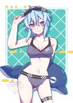  1girl absurdres ass_visible_through_thighs bikini blue_eyes blue_hair breasts collarbone commentary cowboy_shot dolphin goggles goggles_on_head grey_bikini hair_between_eyes highres holding inflatable_dolphin inflatable_toy looking_at_viewer medium_breasts navel neosight short_hair sinon solo stomach swimsuit sword_art_online 
