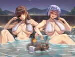  2girls absurdres alcohol bottle breasts brown_hair bucket chance8000 condom condom_wrapper eyepatch girls'_frontline grey_hair highres in_bucket in_container jack_daniel's large_breasts long_hair looking_at_viewer m16a1_(girls'_frontline) multicolored_hair multiple_girls naked_towel navel night onsen open_mouth orange_streaks outdoors partially_submerged pussy red_eyes shared_bathing short_hair smile streaked_hair sunglasses thompson_(girls'_frontline) towel uncensored very_long_hair whiskey wooden_bucket 