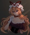  1girl arong blonde_hair breasts choker closed_mouth commentary dress gloves hair_between_eyes hat hat_ribbon long_hair looking_at_viewer mob_cap off-shoulder_dress off_shoulder puffy_short_sleeves puffy_sleeves purple_eyes red_choker red_ribbon ribbon short_sleeves smile solo touhou upper_body white_gloves white_hat yakumo_yukari 